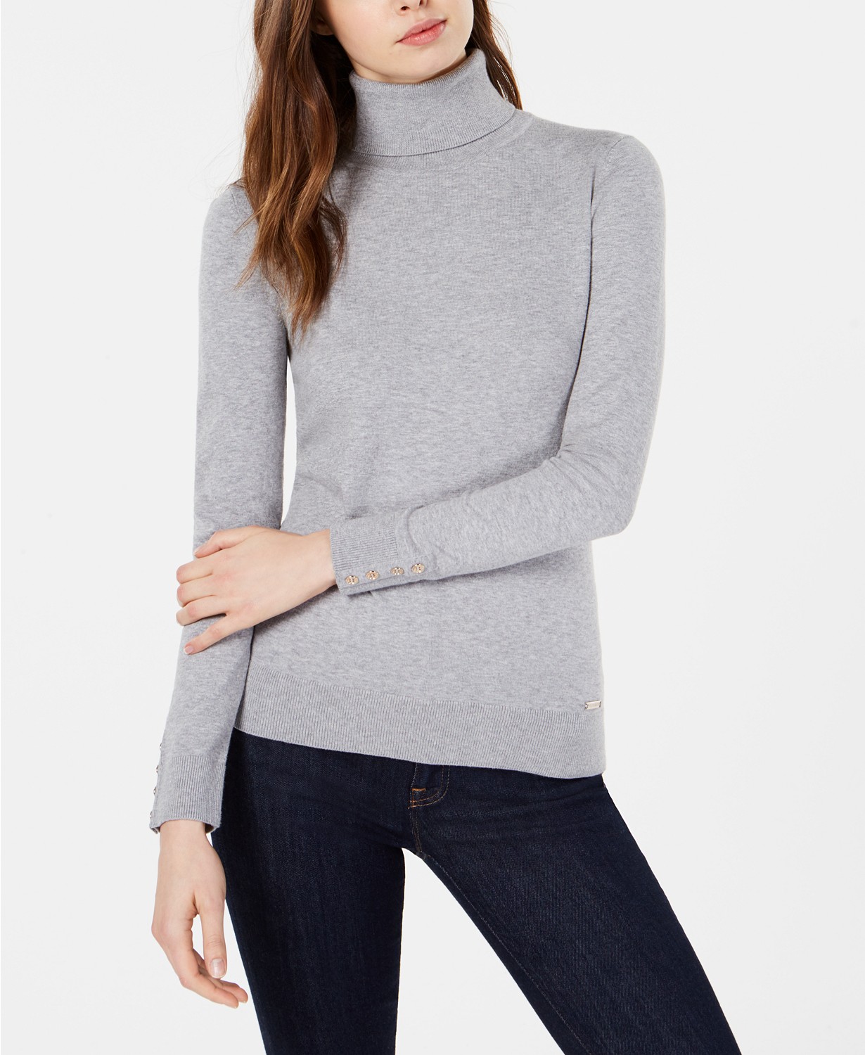 Cotton Button-Trim Turtleneck Sweater